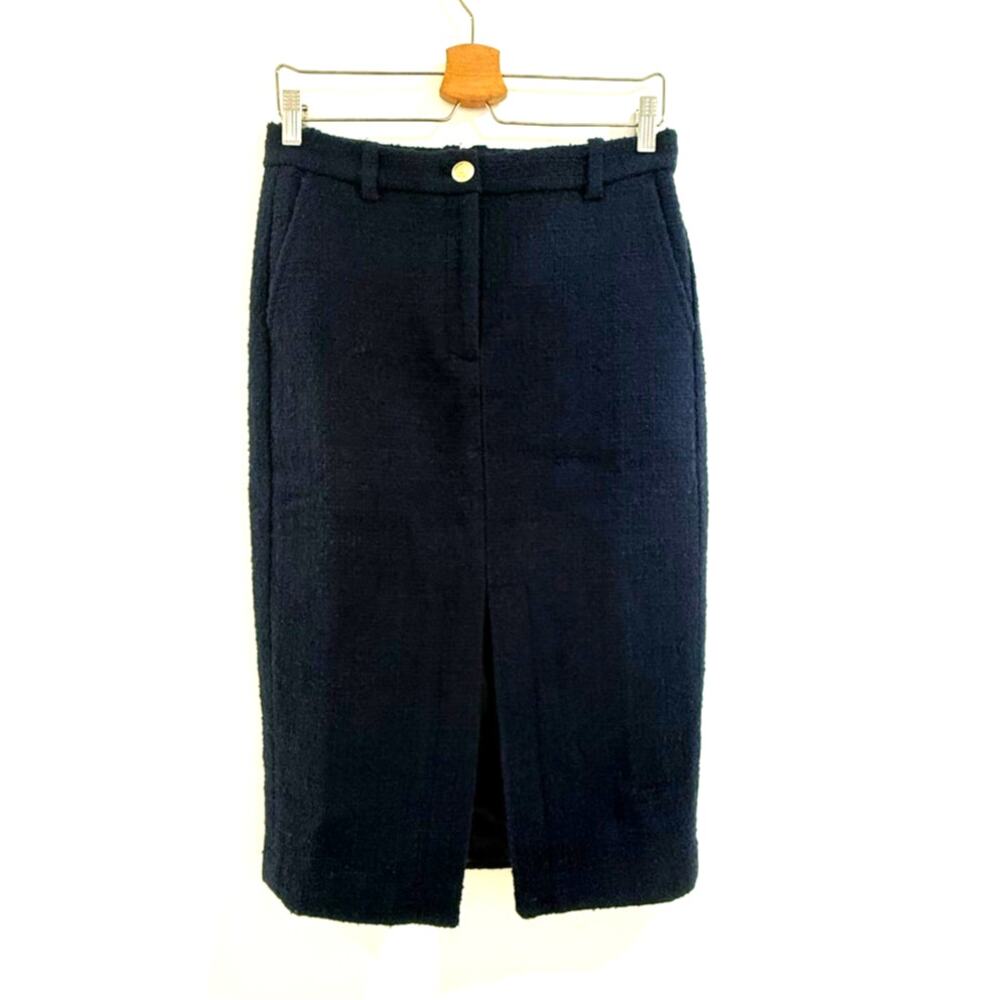 J CREW dark navy blue wool blend tweed Maritime midi pencil front slit skirt - Picture 2 of 9